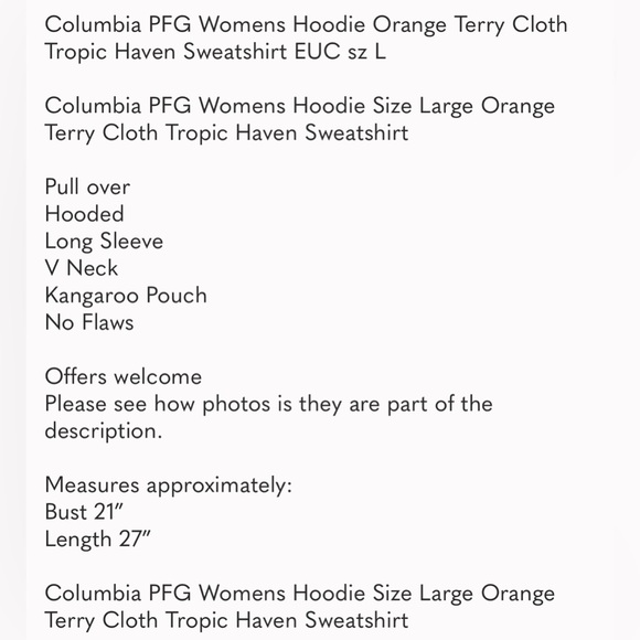 Columbia PFG Womens Hoodie Orange Terry Cloth Tropic Haven Sweatshirt EUC sz L - Picture 7 of 11